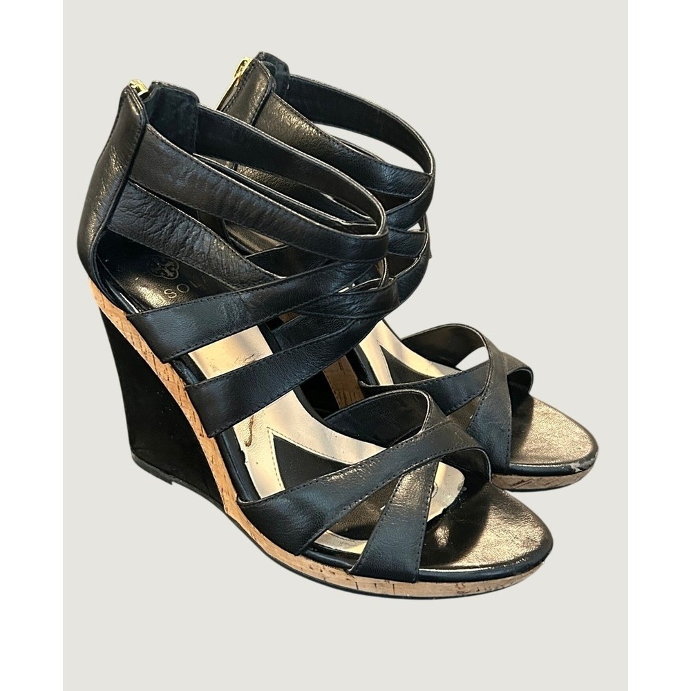 Isola Black Leather Strappy Wedge Sandals Cork Platform Back Zip Heels